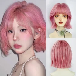 Pink Short Wavy Synthetic Wigs with Bangs Lolita Cosplay Women Natural Fluffy Hair Heat Resistant Wig for Daily Party