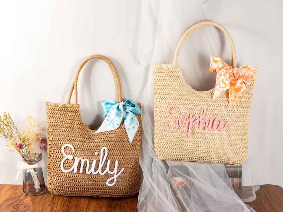 Personalized Straw Tote Bag, Bachelorette Party Favors, Custom Name with Ribbon Girls Trip Pool Bag, Summer Bridesmaid Gift