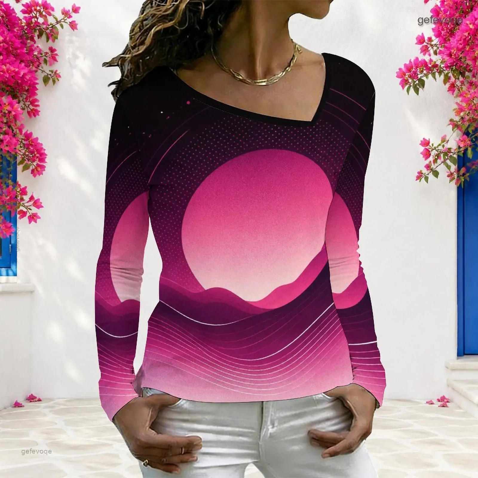 V Neck Long Sleeve Straight Hem Printed Top for Women