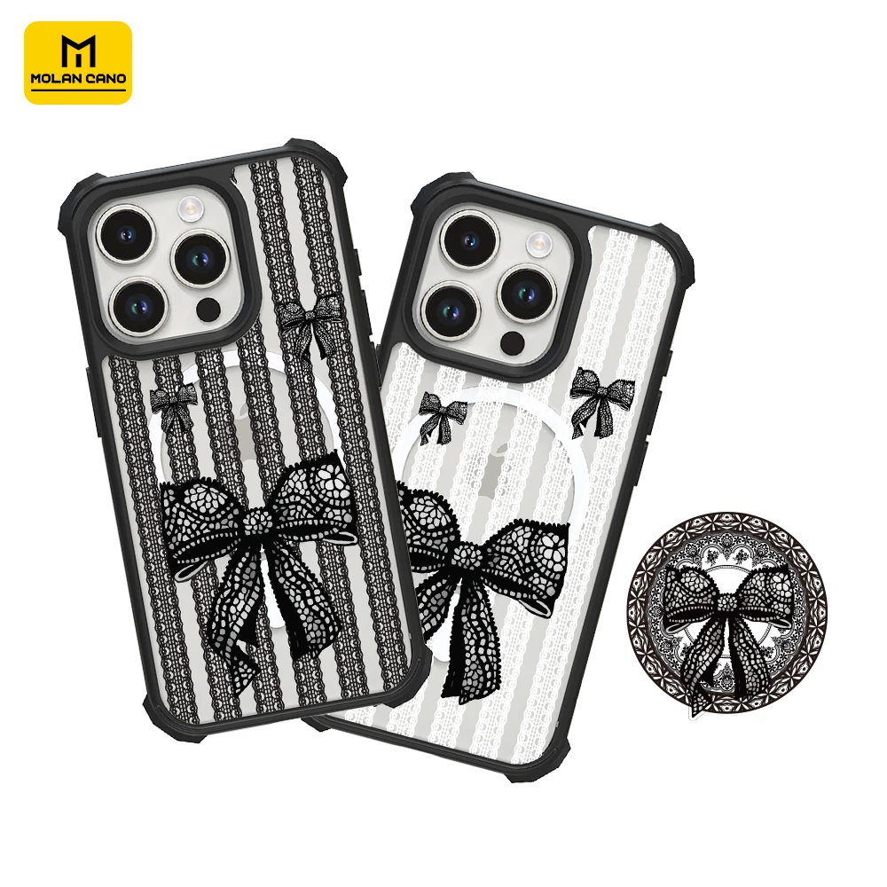 

for iPhone 15 14 13 Pro Max Case with Strap Stand Elegent lace Bow Design Hand Strap Holder Protective Magnetic Cover