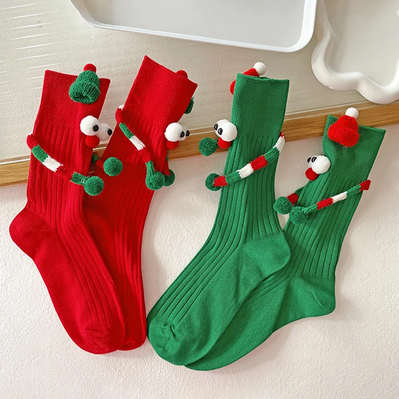 Funny Autumn Winter Santa Socks Cartoon Cute Red / Green Couple Mid-calf Socks Woman Children's Stacking Socks Fun Holiday Gifts