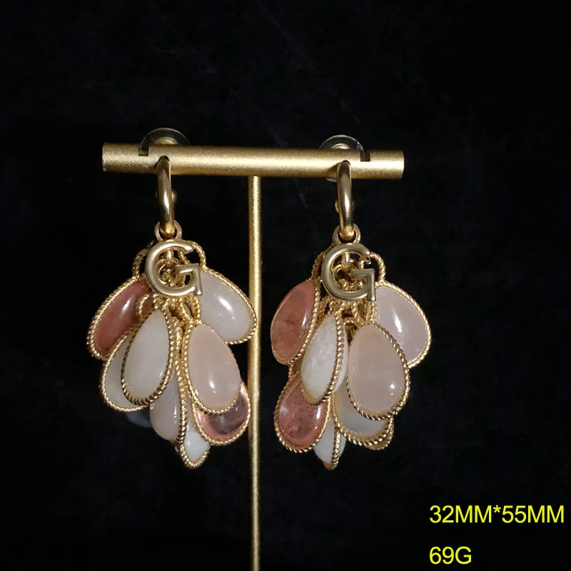 Mid-Ancient Versatile Elegant Earrings Double-Sided Stone Water Drop Pendant Tassel Earrings Exquisite Elegant Earrings