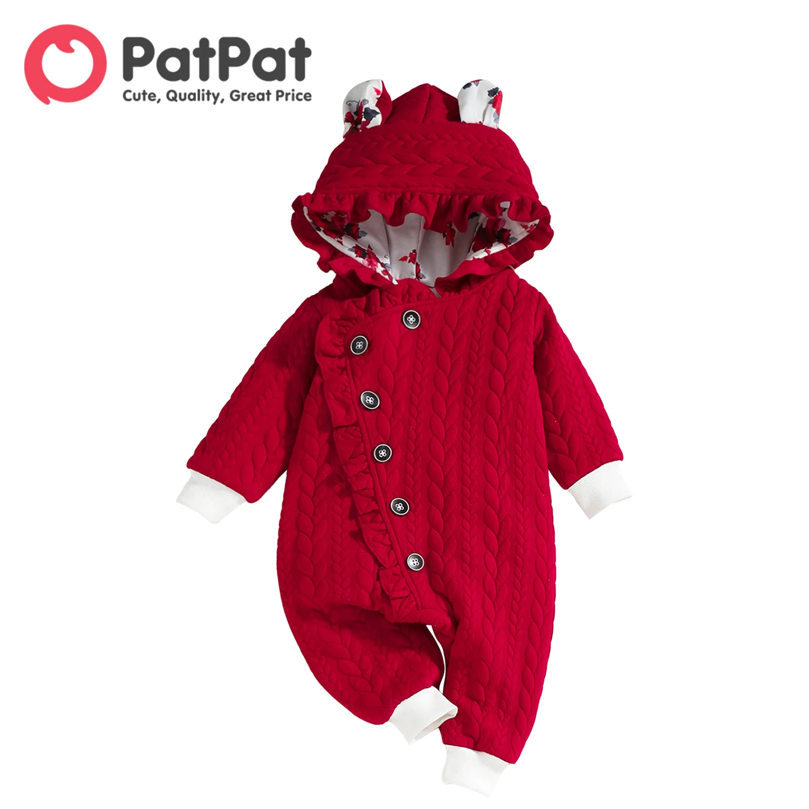 PatPat Baby Girl Button Front Frill Trim 3D Ears Hooded Long-sleeve Textured Jumpsuit