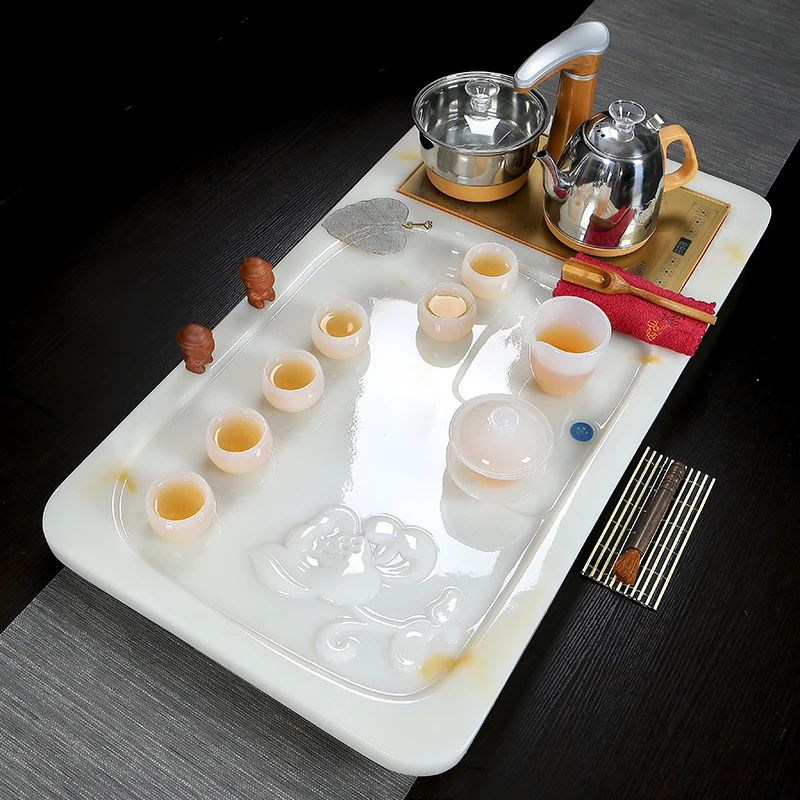 Kung Fu tea set, household porcelain simple light luxury tray, jade tray, the whole set of making table is fully aut