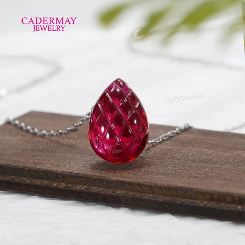 Cadermay Lab Grown Ruby Solitaire Pendant 925Silver 10x14mm Pear Shape Pigeon Blood Red Lab Ruby Pendant Necklace for Women Gift