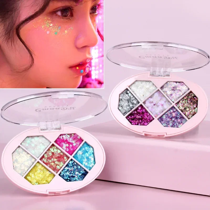 7สี Face Glitter เลื่อมเพชรอายแชโดว์ Five Pointed Star Fragment Moon อายแชโดว์ Shimmer Pigment Eyebrow Makeup Palette