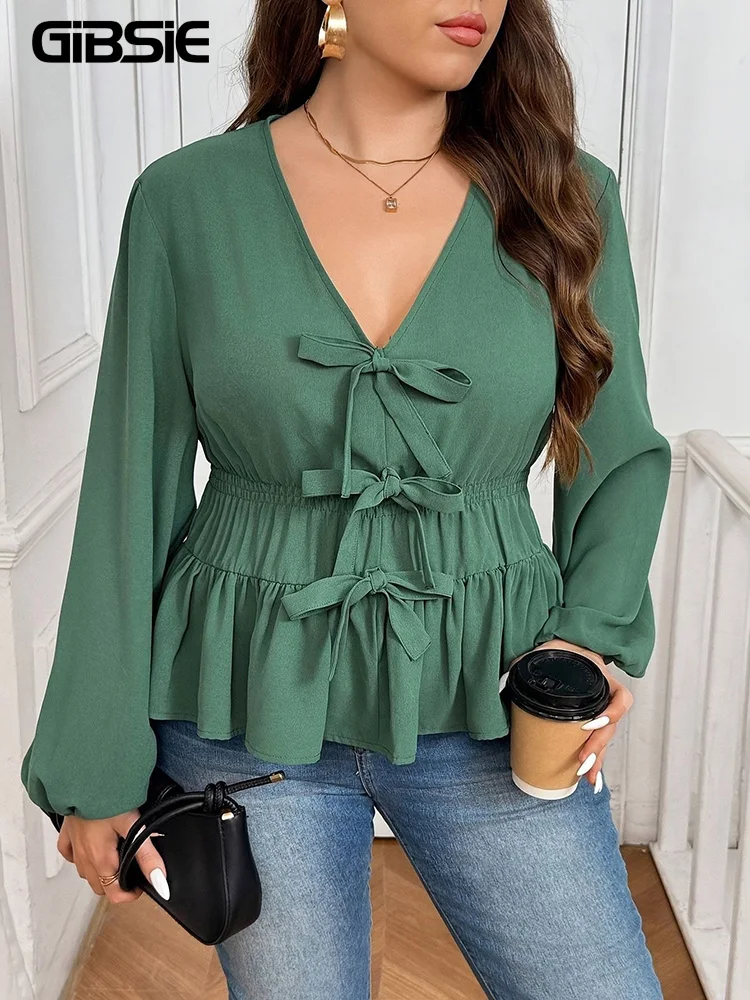 

GIBSIE Plus Size Solid V-Neck Front Bow Peplum Blouse Women 2025 Autumn New Long Sleeve Elastic Waist Casual Female Blouses Tops