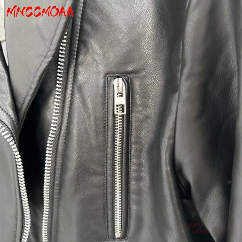 MNCCMOAA Women 2024 New High Quality Fashion Vintage With Belt Soft Faux Leather Jackets Coat Casual Short Biker Outwear Female