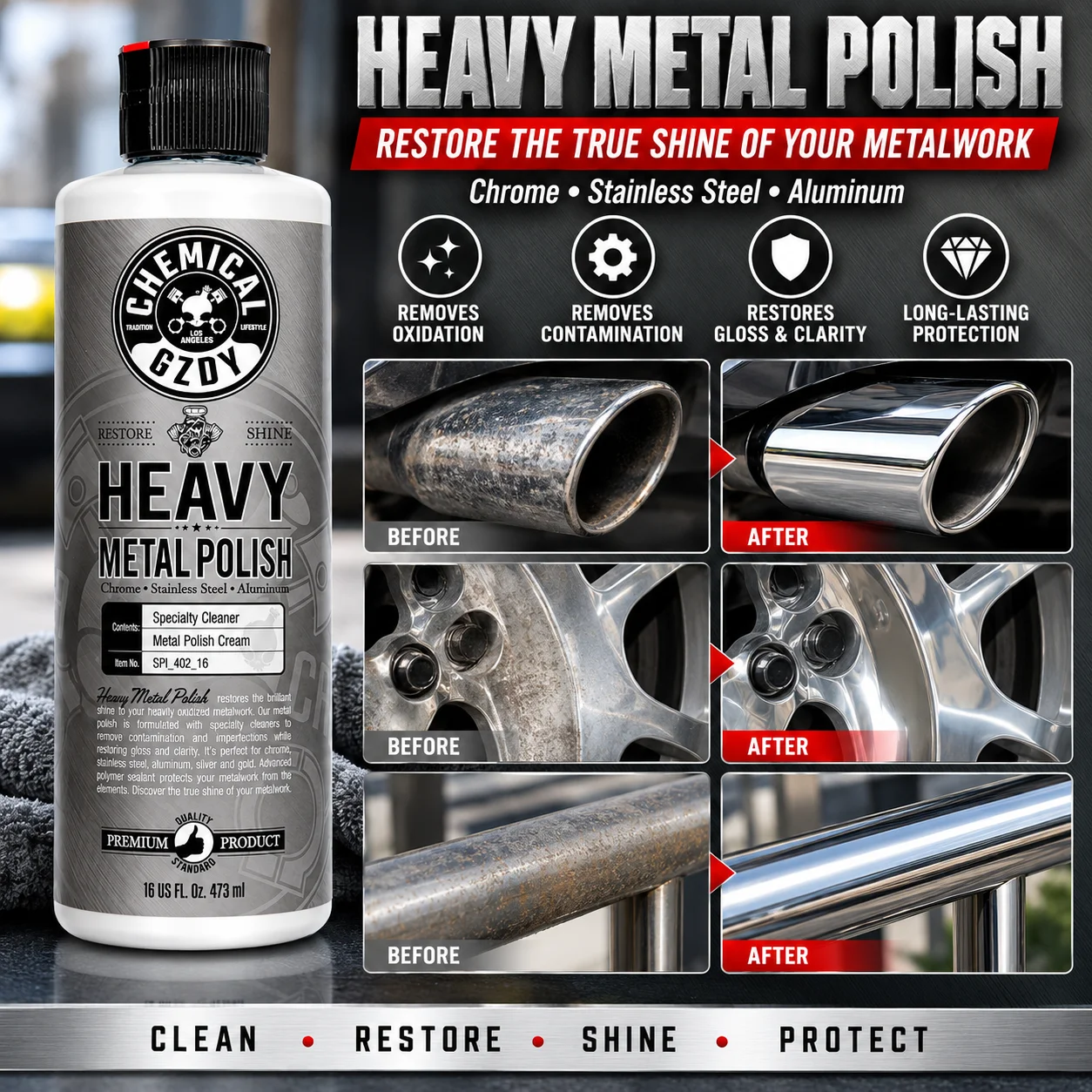 Heavy‑Duty Metal Polish Cream 473ml, Rust Oxidation Tarnish Remover for Chrome, Stainless Steel & Aluminum