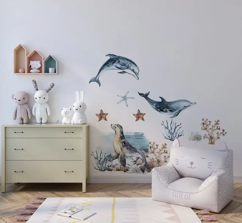 Sea World Ocean Wall Decal for kids room, wall stickers for nursery ocean Life with dolphin seal, jellyfishes turtles