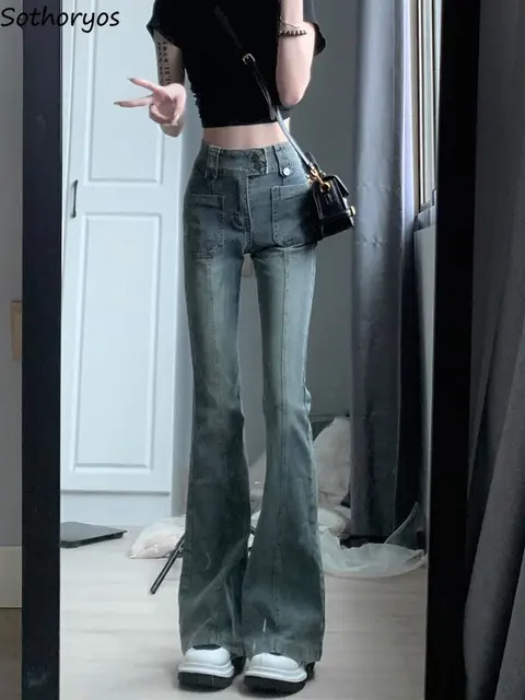 Retro jeansy rozkloszowane kobiet w stylu amerykańskim z wysokim stanem wypoczynek Hotsweet Girls chude All-match popularne seksowne spodnie pełnej długości nowe