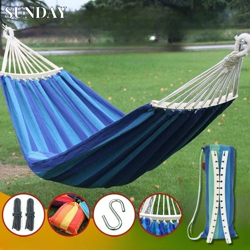 

Thick Stripe Hammock Canvas Outdoor Camping Portable Hammock Chair Swing with Bent Bar Anti-Rollover Hanging Single Hammocks