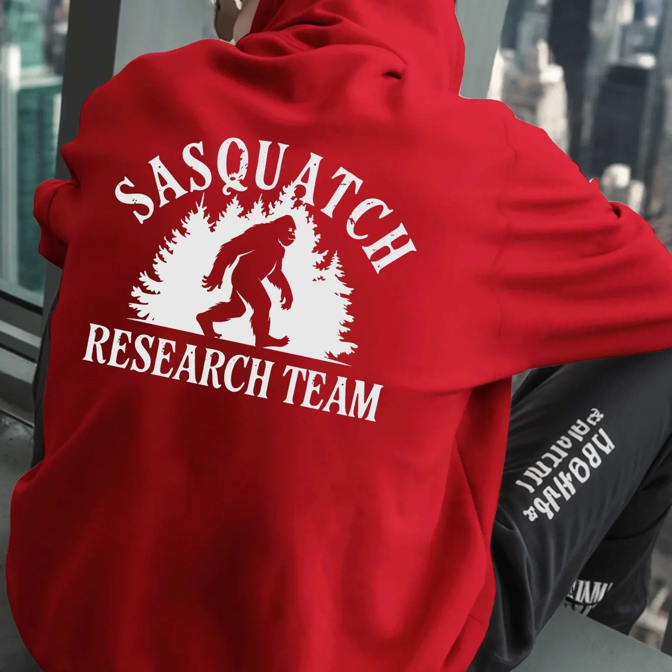 Unisex Retro Bigfoot Forest Graphic Hoodie Back Vintage Letter Print Loose Long Sleeve Casual Street Fleece Pullover Sweatshirt