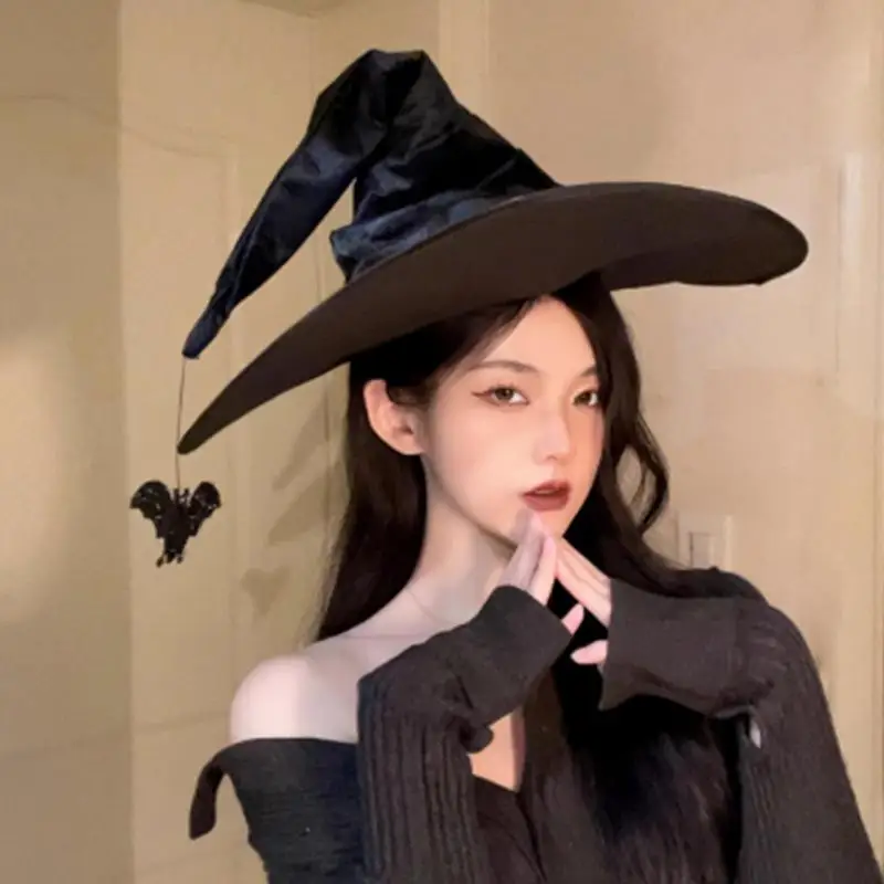 Ruched Witch Hat Wide Brim Pointed Hat Wizard Halloween Hat Halloween Masquerade Cosplay Costume Accessories For Women ﻿