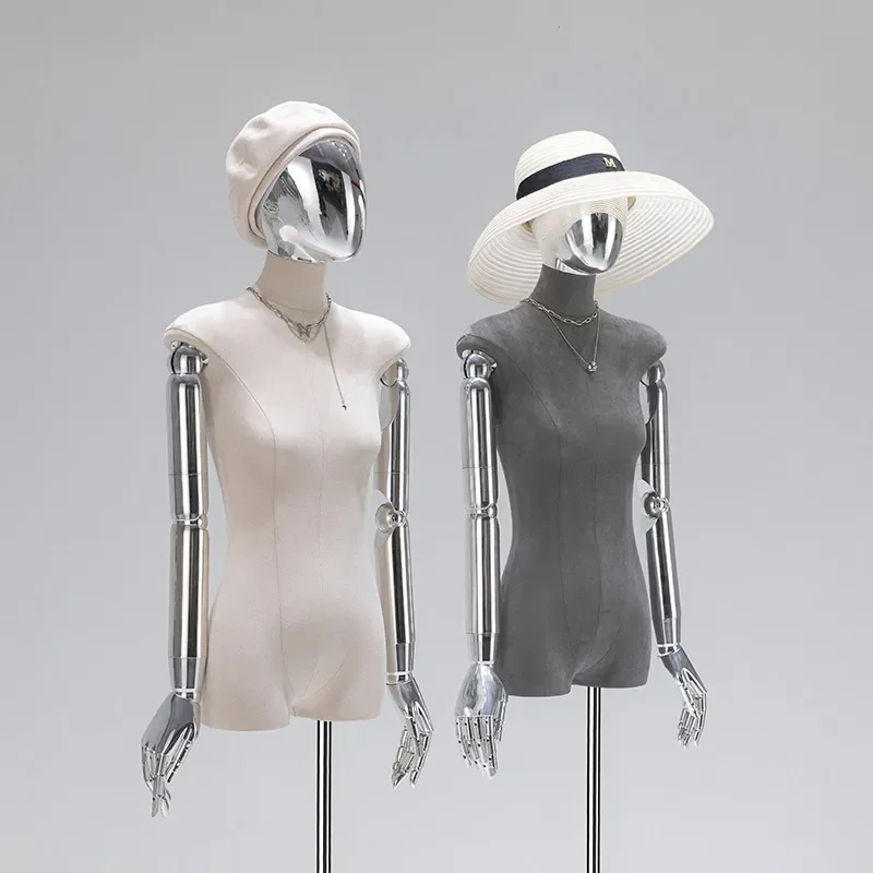 for Clothing Store New Suede Electroplating Flat Model Props Women Half Body Stand Women Clothing Dummy Display Stand Full