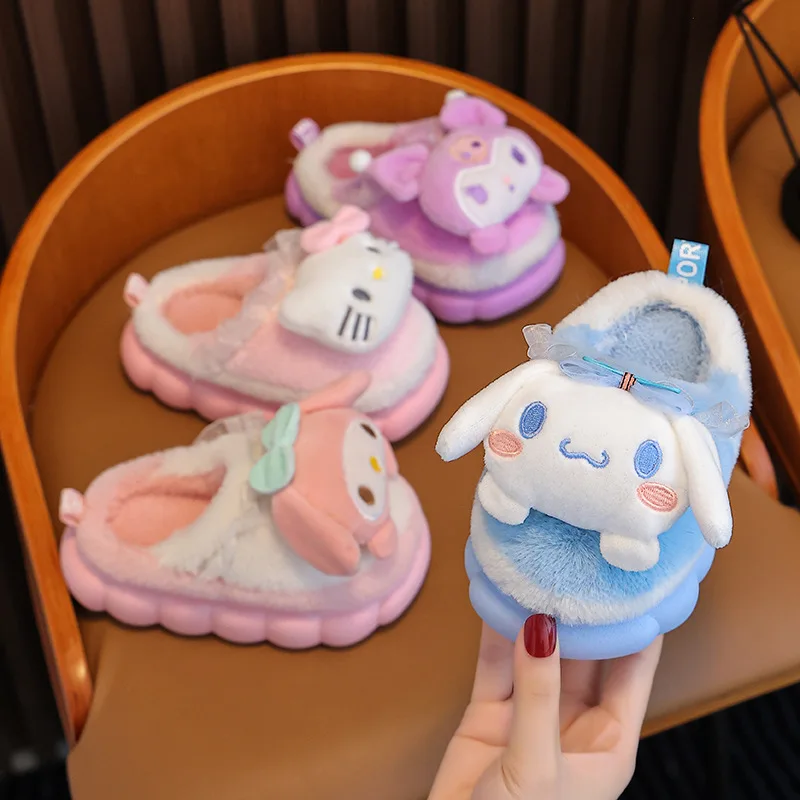 

Sanrio Cinnamoroll Parent-Child Cotton Slippers Kuromi Hello Kitty My Melody Kids Plush Slippers Autumn/Winter Warm Home Shoes