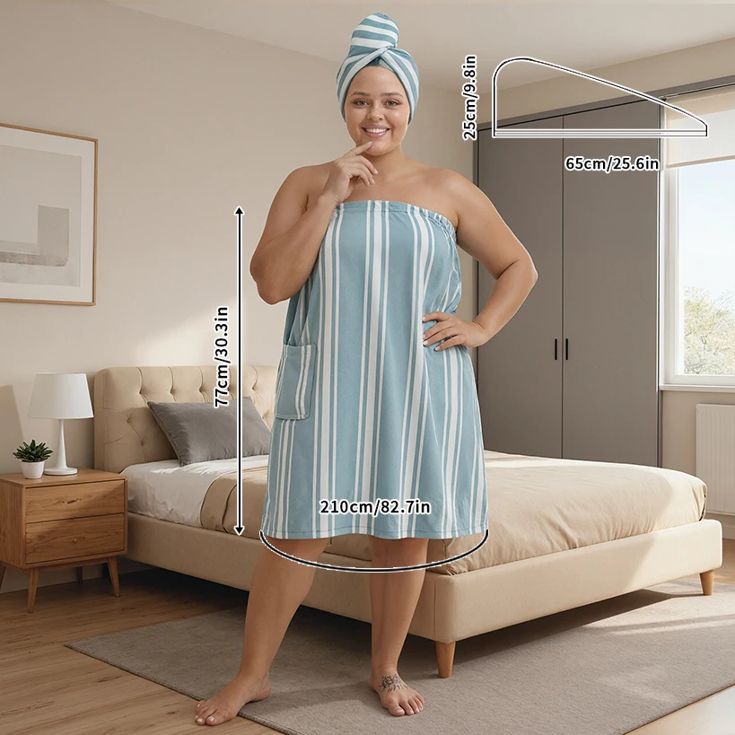 Luxury Striped Wearable Bath Towel Dress - Quick Drying, Super Absorbent, Soft Polyester Material, Great for Home and Travel Use