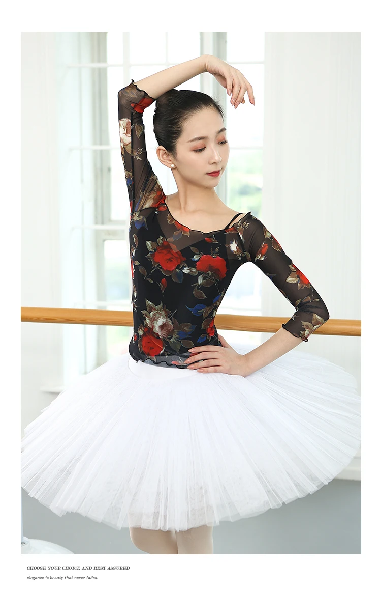 Women Printed Mesh Top Adult Ballet Wrap Dance Training Tops Gymnastic Suit Figure Dress Lyrical Dancewear Crop Dancing Costumes