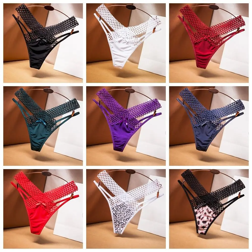 بسيطة منخفضة الخصر الجوف خارج سيور Bowknot النمط الفرنسي الحرير الساتان سراويل داخلية الملابس الداخلية النساء شبكة ملخصات سيدة