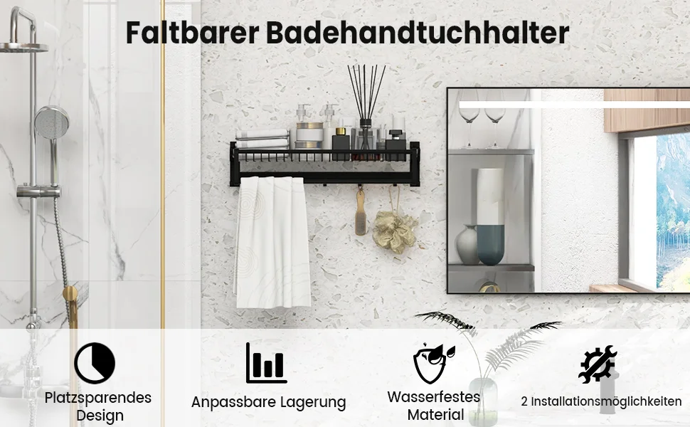 Towel Holder Folding Towel Rack Without Drilling Towel Bar Wall Mounted With 9 Movable Hooks & Shelf Wall Organizer