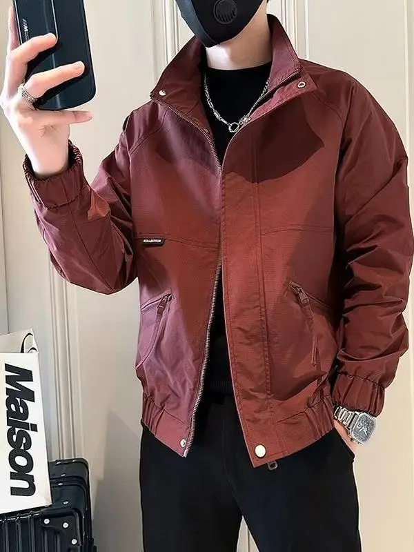 

Red Wine Color Stand Collar Workwear Jaet Men's Casual ort Top Spring Autumn Trendy Baseball Outfit Coat Polyester Nylon ...