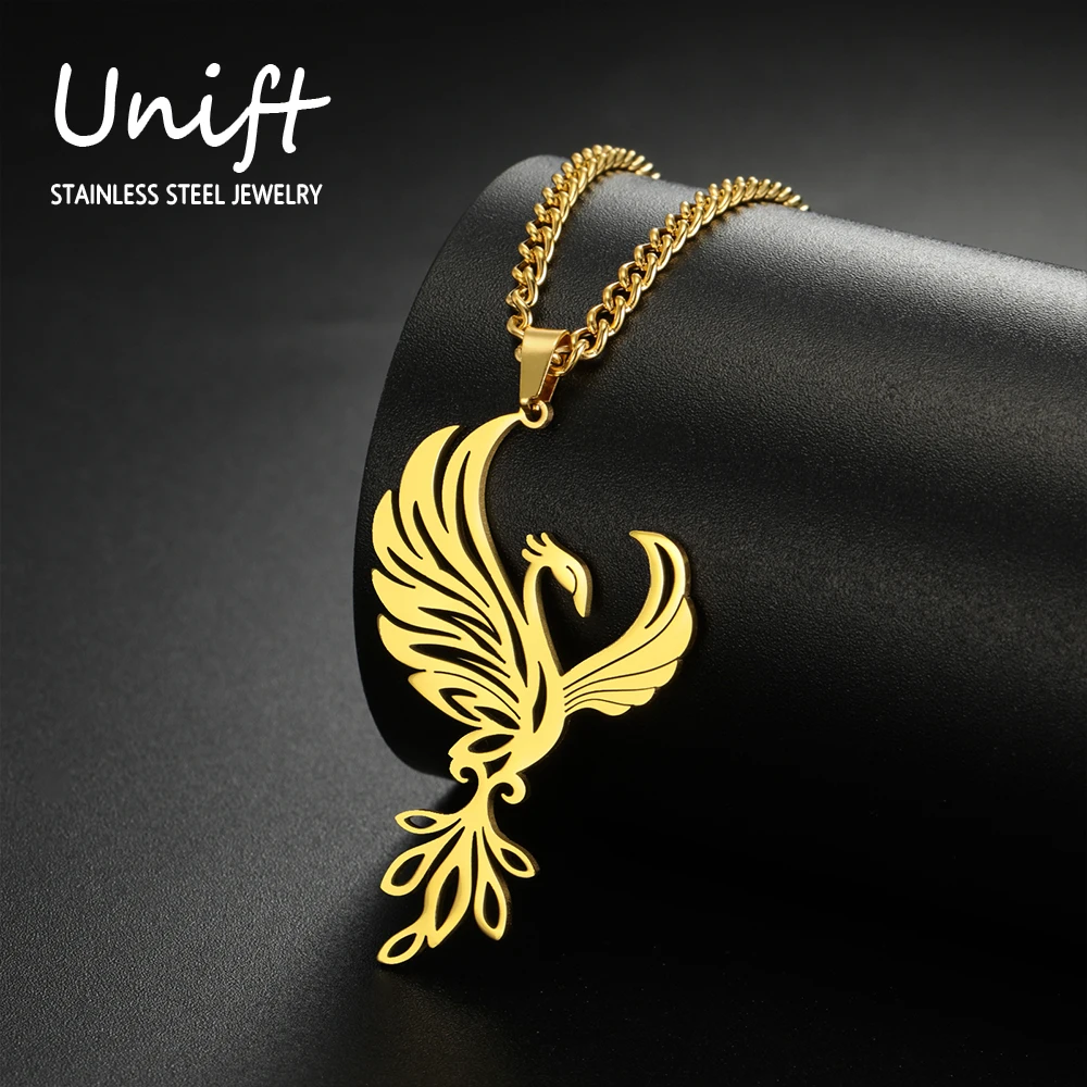 Unift Burning Phoenix Necklaces for Women Stainless Steel Fire Bird Pendant Neck Chain Fashion Mythical Jewelry Gold Plated Gift