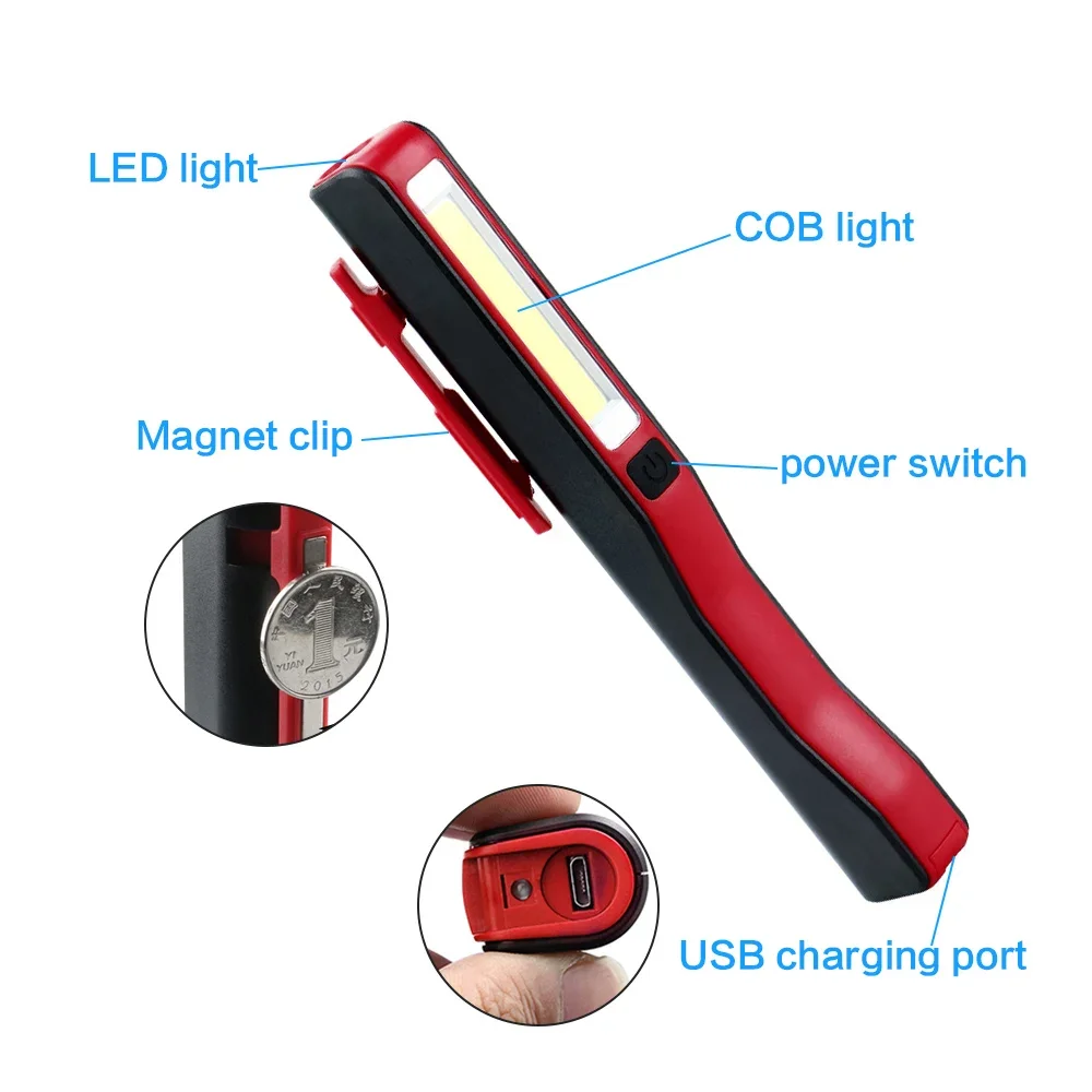 USB Rechargeable Portable COB LED Flashlight Rechargeable Magnetic Pen Clip Hand Torch Work Light Built-In Battery With Magnet