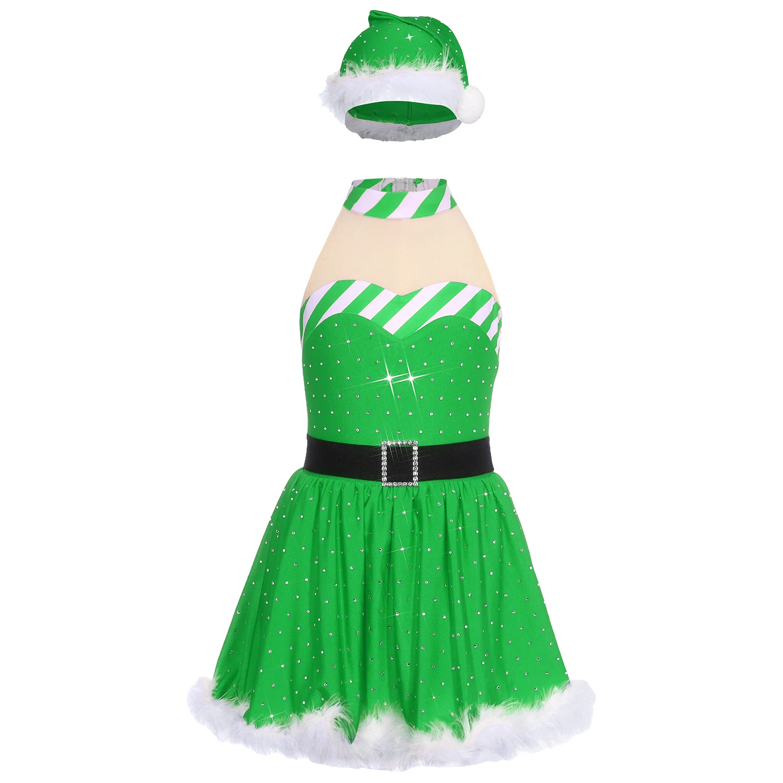 الفتيات سانتا عيد الميلاد ملابس رقص قصب الحلوى مخطط الباليه توتو فستان رقص بلا أكمام شبكة الراين يوتار فستان قبعة مجموعة #2