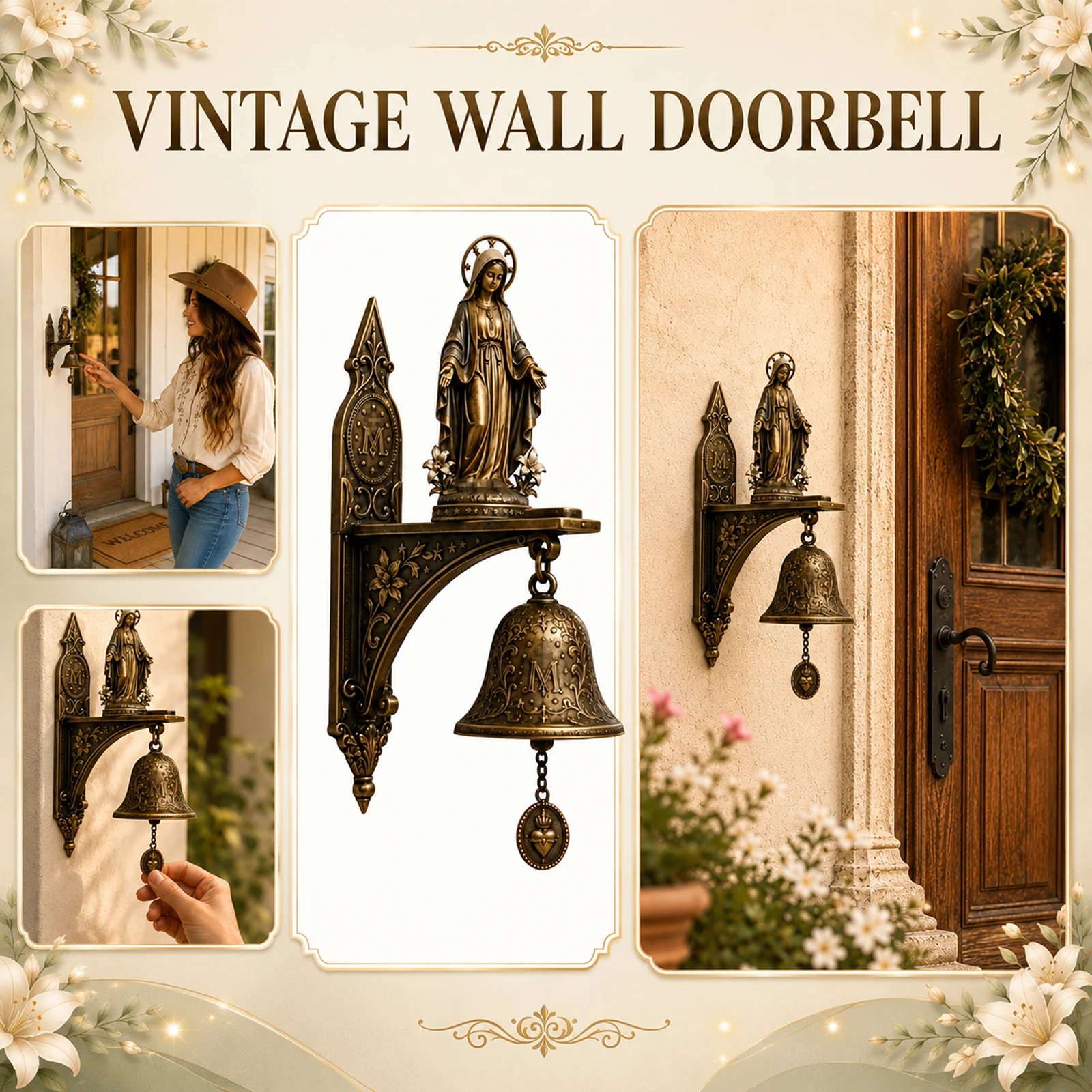 Vintage Our Lady of Grace Bronze Miraculou Medal Wall Bell, Welcome Doorbell Resin Wall-mounted Decoration, Home Decor