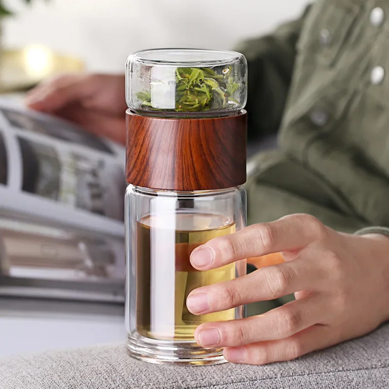 Double Glass Mug Kettle, Heat Resistant Teapot with Filter, Tea and Water Separation Glass, Transparent Wood Grain Tea Mugs300ml