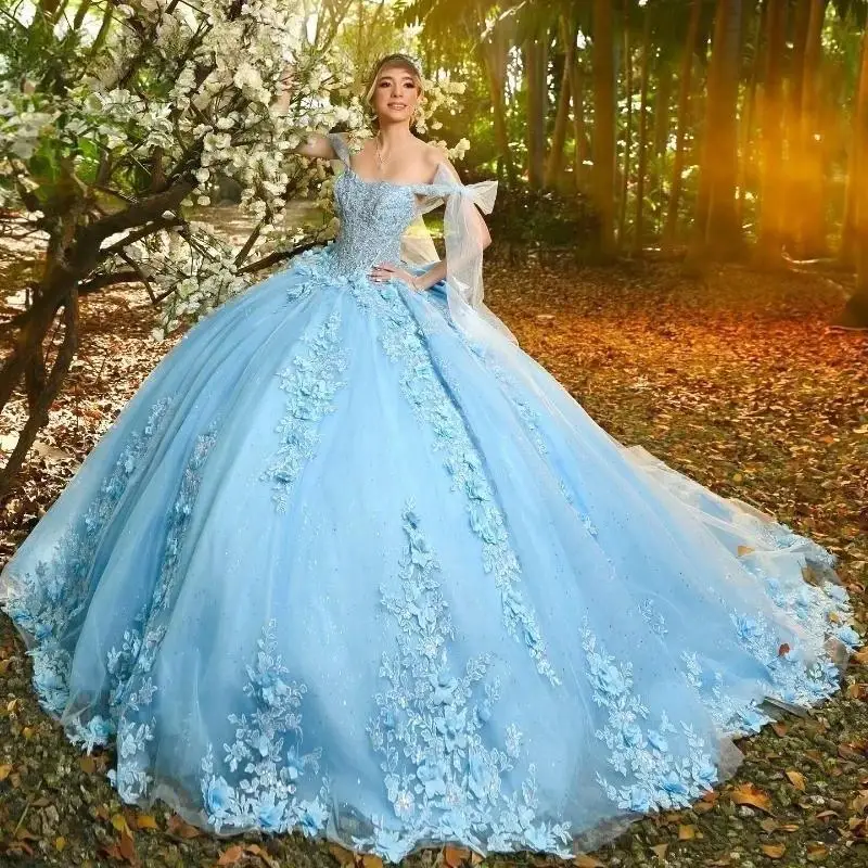 Sky Blue Shiny Princess Quinceanera Dresses Ball Gown Off The Shoulder Lace Applique Flower Beads Bow Tull Corset Sweet 16