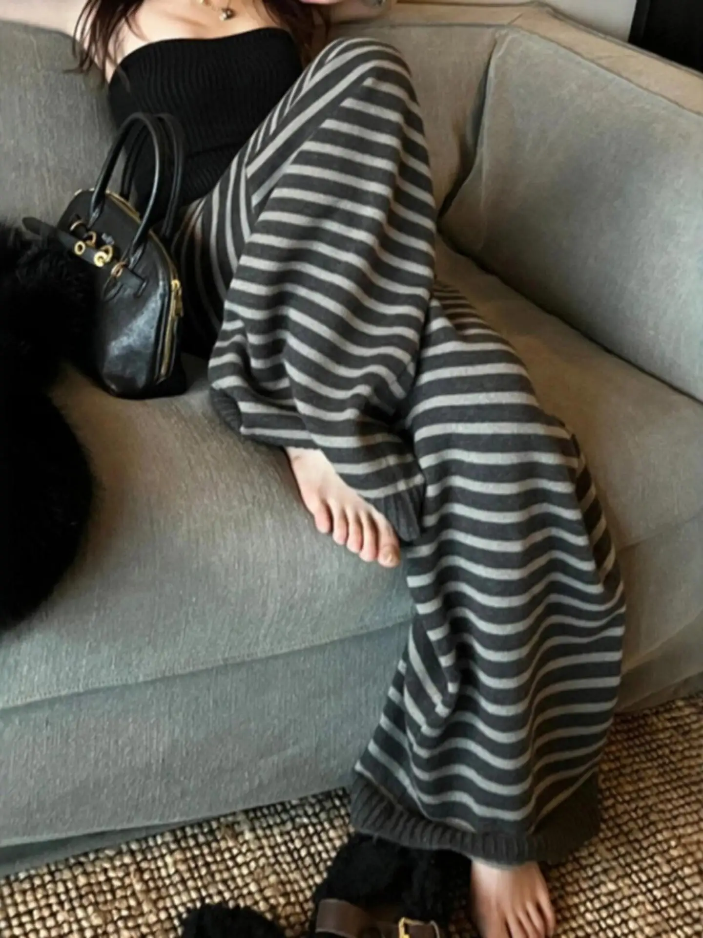 Ladies High Waist Knitted Wide Leg Pants Striped Loose Fit Draped Style Autumn Winter Fashion Casual Trousers Long Gown