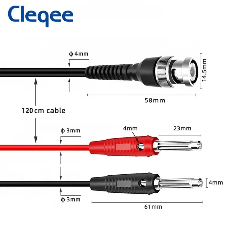 Cleqee P1008A BNC Male to Dual 4mm Stackable Banana Plug With Test Leads Probe Q9 Oscilloscope Cable 120CM