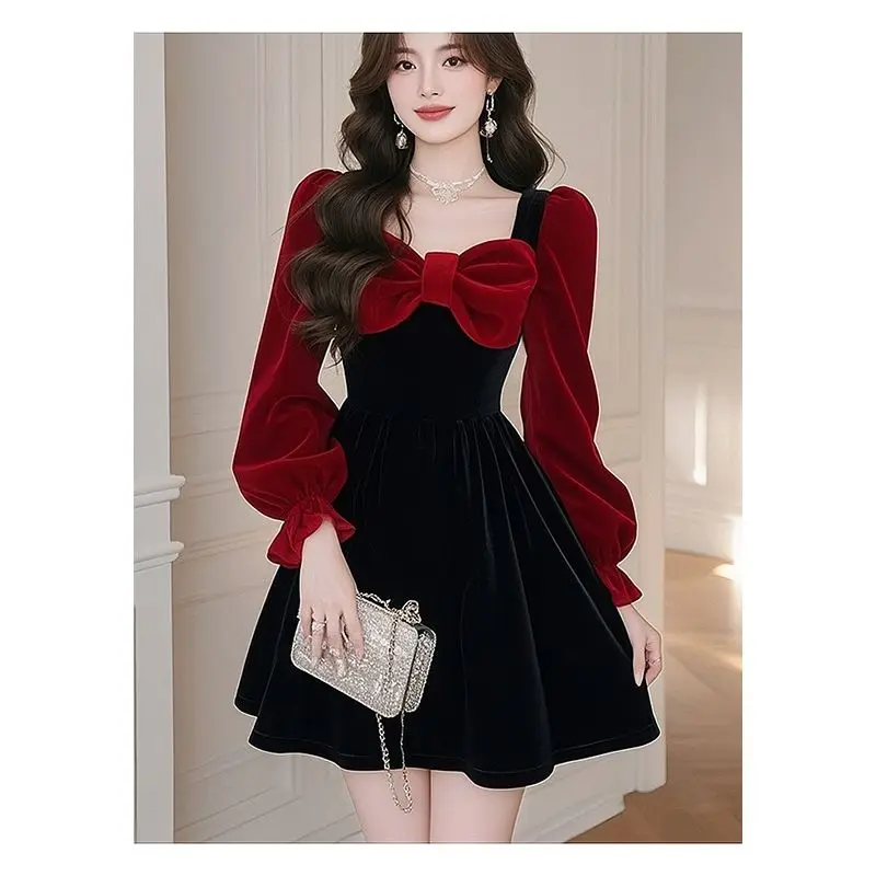 

Красное новогоднее женское платье с высокой талией Bubble Sve Princ Sle Knot A-Line Midi Dr Ele Faionable Dr