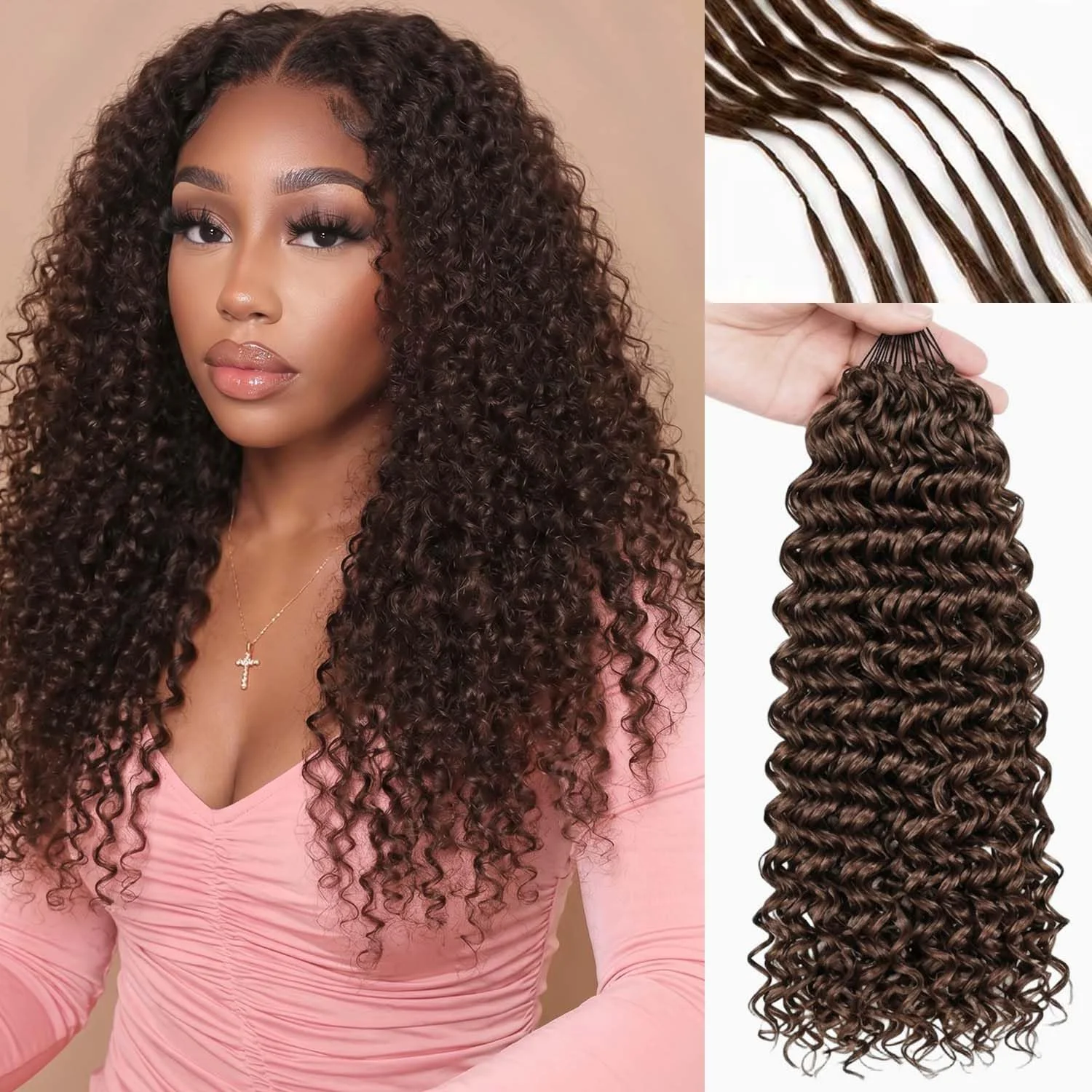 

Brown Crochet Human Hair Extensions 26 Inch 300G Water Wave Human Feather-Line Invisible Crochet Bundles Pre Separated Knotless