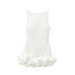 UNIZERA2024 Summer New Product Casual Women's Fashion White Round Neck Sleeveless Strap Skirt Stacked Decorative Dress