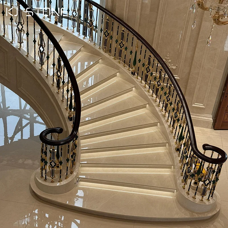 Customized Design Natural Marble Staircase Luxury Water Jet Flower Spiral Step With Led Light