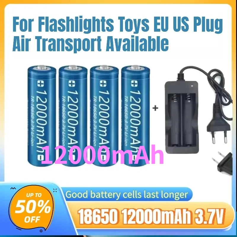 18650 Battery 12000mAh 3.7V Rechargeable Li-ion Battery With Charger For Flashlights Toys EU US Plug Air Transport Available