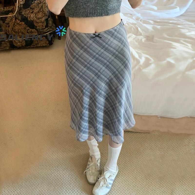 SALIENCY Fishtail Vintage Chiffon Midi Long Skirt Women Low Rise Two Layer Japanese Fashion Harajuku Summer Plaid Skirts