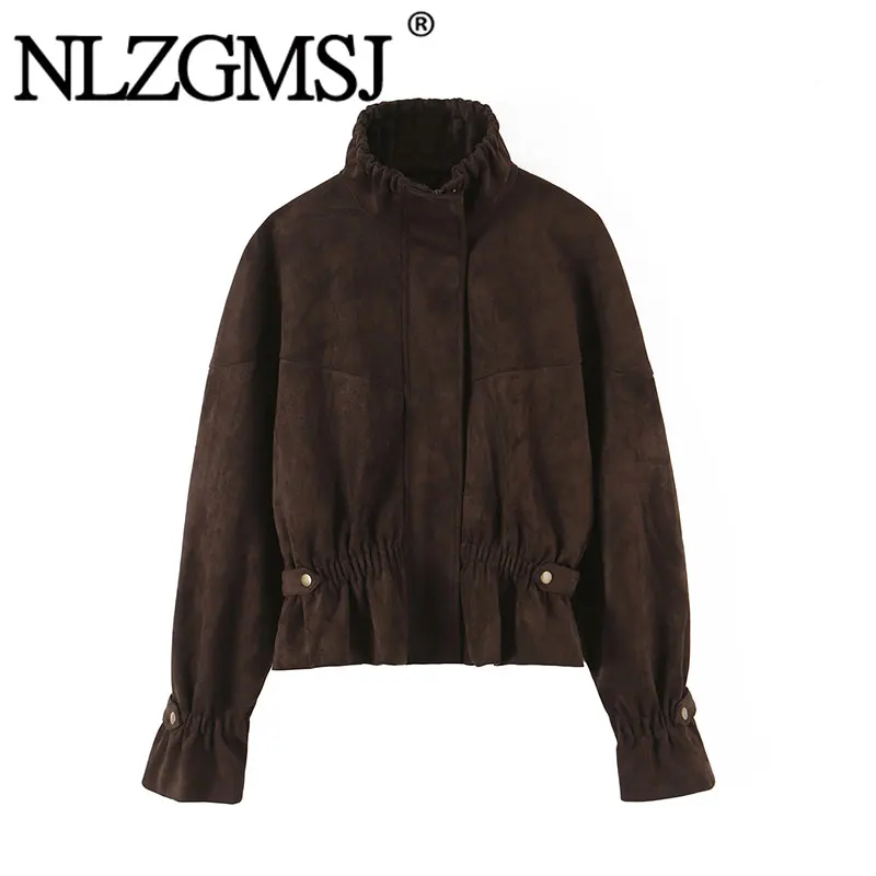 Nlzgmsj 2026 Autumn Fashion Women Faux Suede Short Jacket Ruffle High Neck Drawstring Waist Loose Long Sleeve Casual Streetwear