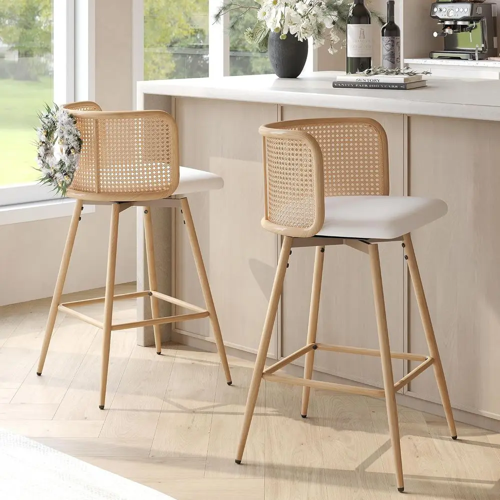 

Rattan Bar Stools Set of 2, 26” Counter Height Stools with Natural Rattan Woven Back and Leather Seat, Modern Island Chairs Bars