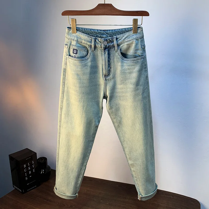 Pantalones vaqueros Retro americanos para hombre, azul claro, pantalones Micro Harem finos, sarga de algodón elástica, ropa informal de alta gama, Verano