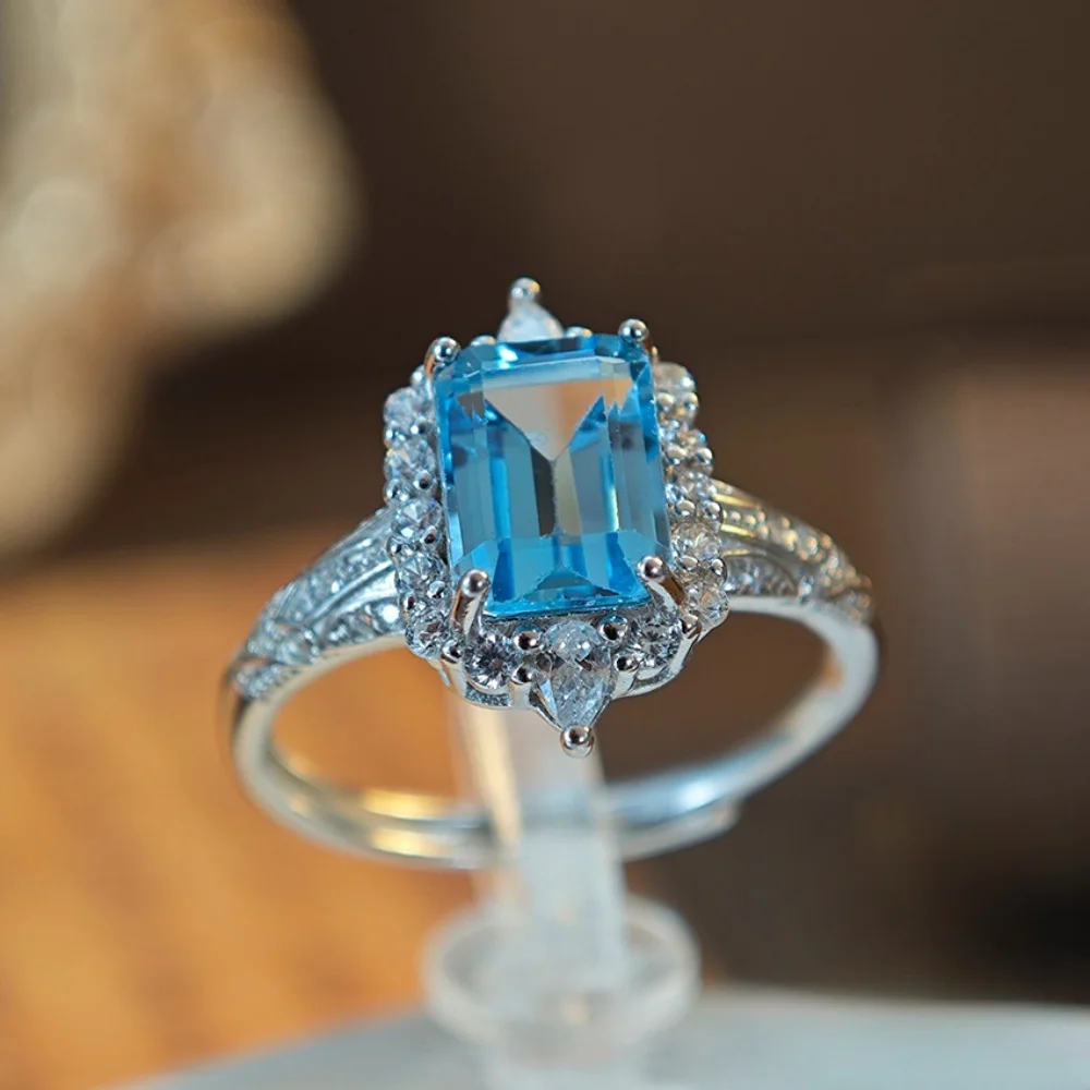 

Vintage Sea Blue Topaz Ring Light Luxury Wedding Fine Jewelry 925 Silver Rectangle Rings