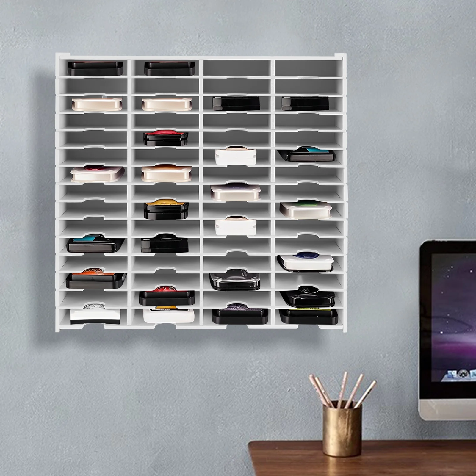 

60 Slots Tabletop/Wall-mounted White Ink Pad Storage Holder Rectangle Stamp Pad Organizer with Notch