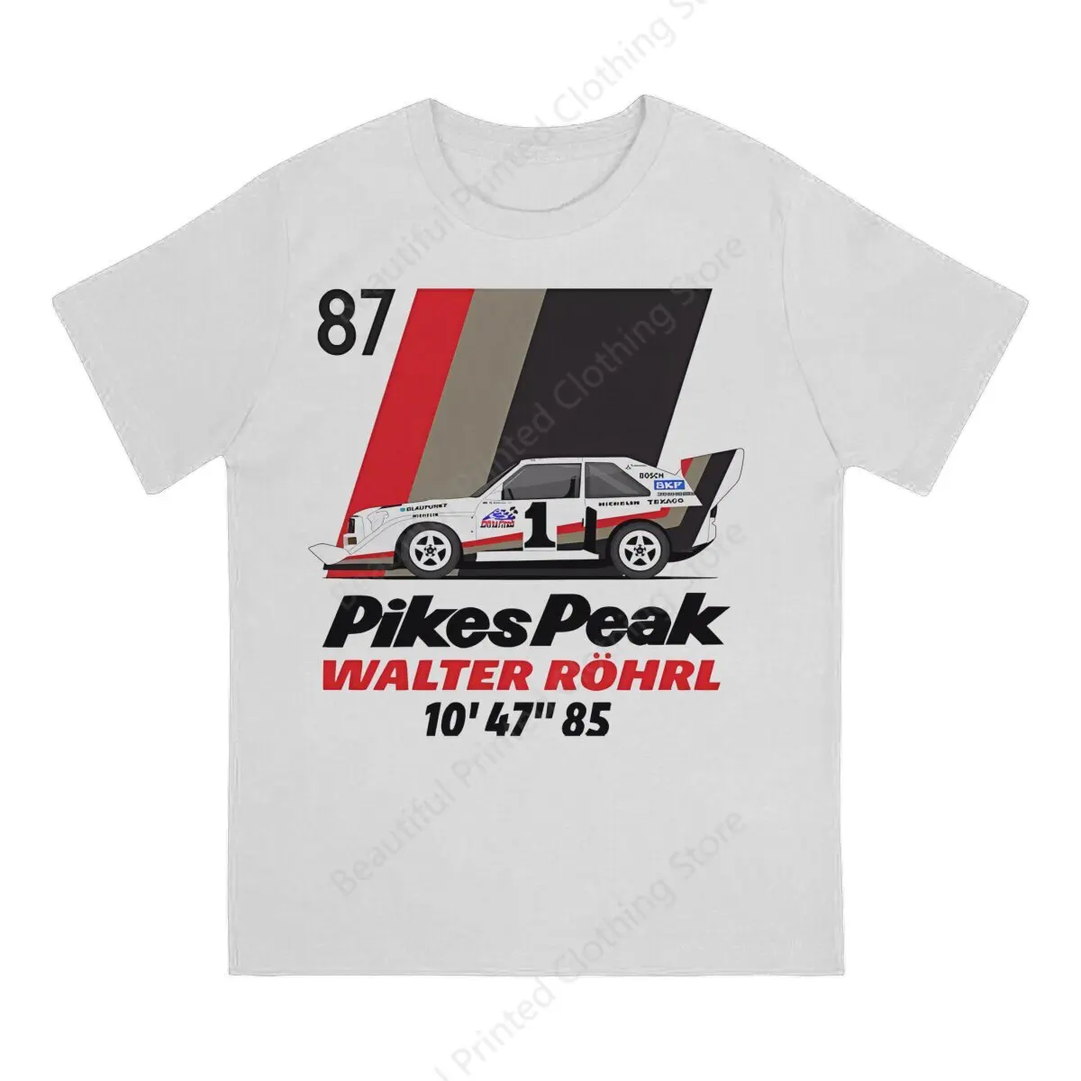 Gran Turismo Racing Game Mens T-Shirt Walter Rohrl Pikes peak 87 Funny Printing T-ShirtsO-Neck Breathable Tee Cotton Fun Tees