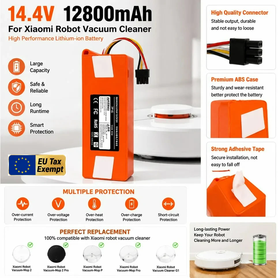 Batteria di ricambio per robot aspirapolvere, 14,4 V, 12800 mAh, agli ioni di litio, per Xiaomi Robot Sweeper S50 S51 S55, accessori e ricambi.