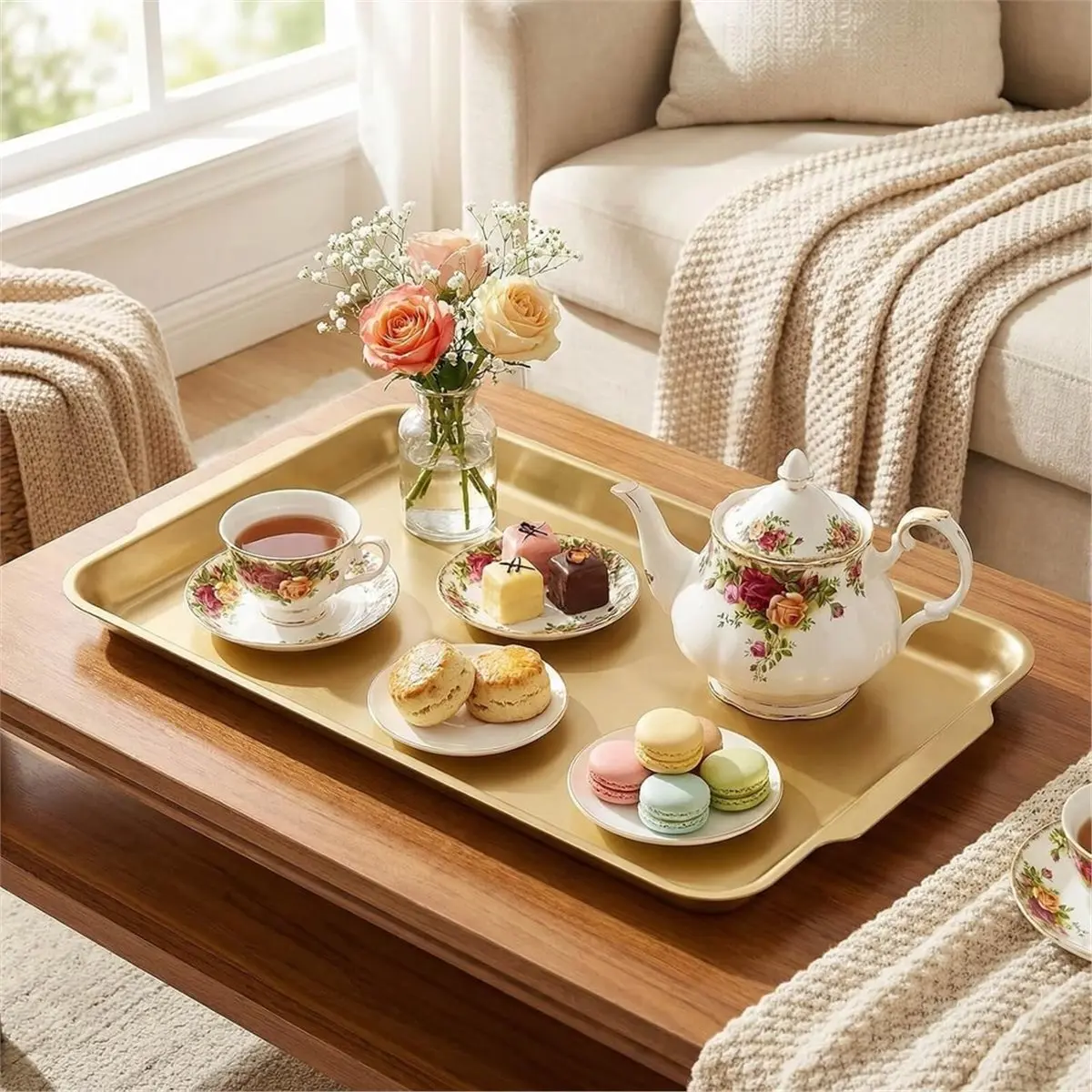 【HOT A88T】 Rectangular Gold Decorative Metal Tray, RaisedEdge Gold Platter (Medium) Multipurpose Rectangular Gold Tray for Home