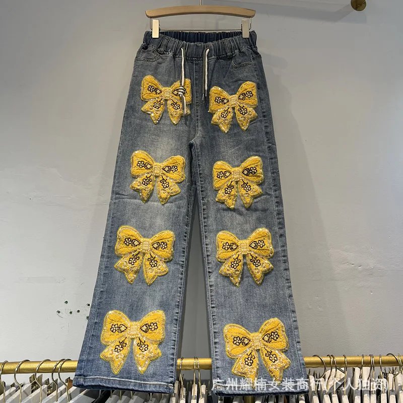 Fashionable New Spring Autumn Loose Denim Trousers All-match Drawstring Elastic Waist Embroidery Bow Straight Jeans Casual Women