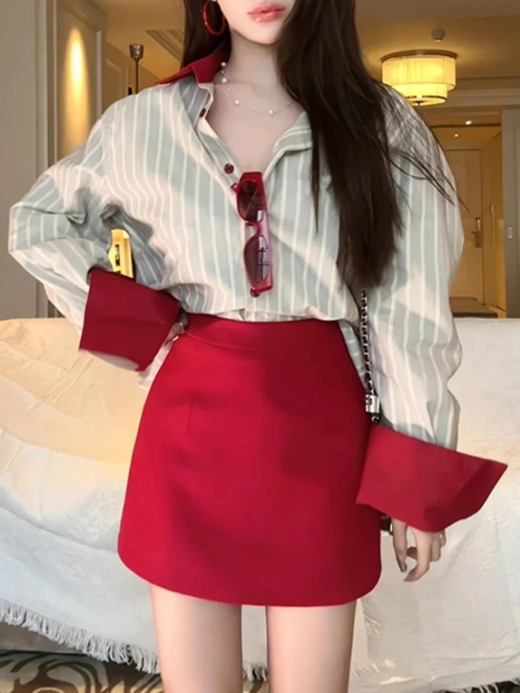 Winter Korean Fashion Y2k Style 2 Piece Set Women Loose Stripe Stitched Shirt + Red Mini Skirt New Design High Street Suits 2024