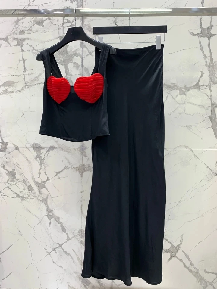 2024SS Summer Fashion Women High Quality Red Heart Vest Camis With Midi Skirt for Female Suits Sets